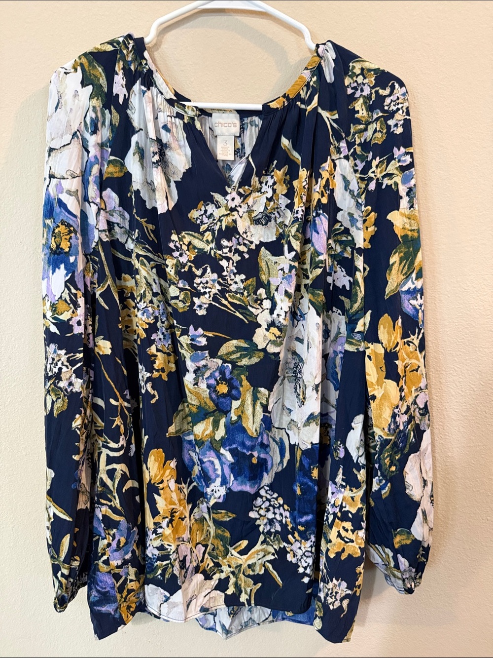 Chico's Navy Floral V-Neck Long-Sleeve Blouse with Yellow & White Accents
